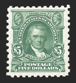 480, $5.00 Light green, excellent centering amid oversized margins, o.g., l.h., extremely fine 1991 PF certificate.