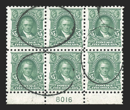 480, $5.00 Light green, a highly elusive used bottom margin plate no. 8016 block of six, nicely centered for this, remarkably fresh, with strong and intact perforations, mute
oval postmarks, fine-very fine listed but not priced in Scott.