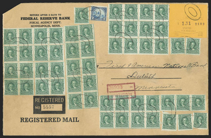 480, $5.00 Light green, an amazing franking by 55 copies (in various singles, strips and blocks) on a large sized registered cover with Federal Reserve BankFiscal Agency
Dept.Minneapolis, Minn. corner card, sent to the First American BankD