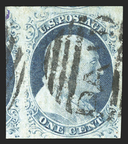 717, 1c-12c 1851 Issue, high quality group of seven stamps, with 7 (three), 9, 14, 15 and 17, all have four large margins (including some huge margins), fresh colors, neat
cancels including one 7 with red cancel, a couple trivial imperfection