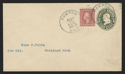 505, 5c Rose error, fine single used as 2c on 1c Green entire (U400) to pay the 3c wartime rate to Hartford, Michigan and tied by twice struck Paw Paw, Mich.Nov 15, 1917
datestamps, slightly reduced at left, fresh and extremely fine a rare