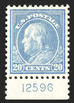 515, 20c Light ultramarine, bottom margin plate no. 12596 single, especially well centered, bright fresh color, o.g., n.h., extremely fine 2010 PSE certificate (XF-Superb 95
SMQ $600.00).