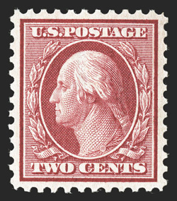 519, 2c Carmine, a wonderfully choice example of this scarce and always challenging stamp, featuring perfectly balanced margins all around, strong rich color in the
characteristic shade, o.g., lightly hinged, extremely fine gem almost never enc
