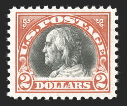 523, $2.00 Orange red and black, pristine mint example, wonderfully well centered within large margins, strong fresh color, unblemished o.g., n.h., extremely fine 2000 PF
certificate and 2008 PF certificate (XF 90 XQ).