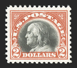 523, $2.00 Orange red and black, excellent centering within uncommonly wide margins, rich fresh colors, o.g., light pencil notation on gum, l.h., extremely
fine.