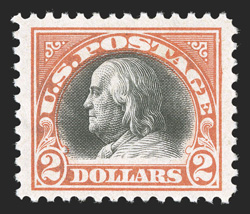 523, $2.00 Orange red and black, well centered within uncommonly large margins, attractive colors, o.g., lightly hinged, very fine 1986 PF certificate.