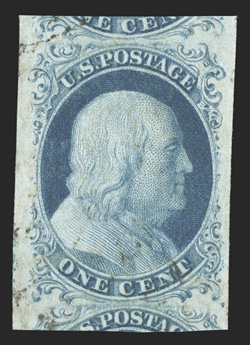 7, 1c Blue, Ty. II, a phenomenal used single, possessing gigantic margins including equal large portions of the adjoining stamps at top and bottom, rich luxuriant color and a
crisp detailed impression on fresh paper, even its cancel is out of th