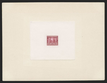 537-E1a, 2c Peace, deep red large die essay on India paper die sunk on full sized 202x154mm card, with blue 158149 Bureau of Engraving and Printing proving room number on
reverse and initialed P.U.D.C., fresh and extremely fine in 1914 the