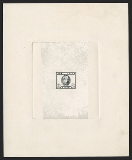 537-E3, 3c Samuel F.B. Morse, black large die essay on India die sunk on 141x173mm card, with 932944 Bureau of Engraving and Printing proving room number on reverse as well as
a Jan 7 - 1919 handstamp, very fine according the Johl this was
