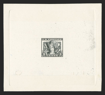 537-E4, 3c Victory, black incomplete engraving essay of entire design showing no shading in border and some flags unfinished, on India paper die sunk on 98x88mm card, pencil
Stamped Jun 25, 1919 and B.E.P. penciled proving room number 936356