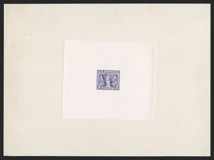 537P1, 3c Victory, large die proof on India paper mounted on full sized card measuring 197x146mm, blue 937430 Bureau of Engraving and Printing proving room number on reverse
and Jan 31 1919 handstamp, hinge marks on reverse, fresh and extrem