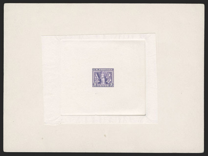 537P1, 3c Victory, large die proof on India paper die sunk on full sized 204x152mm card, with blue 937446 Bureau of Engraving and Printing proving number on reverse, fresh and
extremely fine.