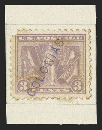 537S var., 3c Victory, handstamped Colonias diagonally in violet, from the Portuguese colonial U.P.U. books, perfectly centered amid oversized margins, some light toning as
usual on these and top left corner missing, rare.