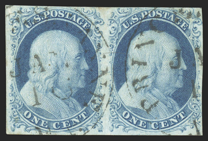 7, 1c Blue, Ty. II, used horizontal pair, positions 46-47R1E, full to large margins all around, fresh color, light Princess Anne c.d.s. cancels, choice very fine and handsome
2003 PSE certificate.