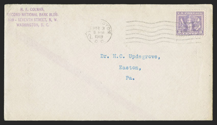537, 3c Victory, well centered single tied by light Washington, D.C.Mar 3, 1919 wavy line first day of issue postmark, type addressed, H.F. Colman corner card, fresh and very
fine, 1978 AFDCS certificate.