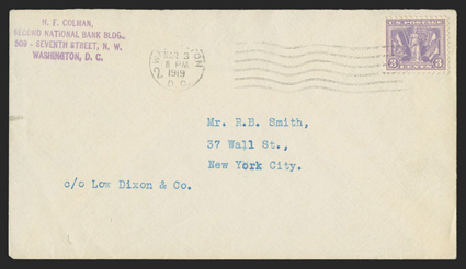537, 3c Victory, well centered single tied by light Washington, D.C.Mar 3, 1919 wavy line first day of issue postmark, type addressed, H.F. Colman corner card, fresh and
extremely fine.