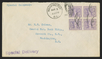 537, 3c Victory, incredibly well centered block of four, tied by clear Washington, D.C.Mar 3, 1919 first day of issue postmark to Special Delivery cover addressed to and
serviced by H.F. Colman, very fine.