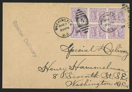 537b, 3c Victory, light reddish violet, well centered block of six (3x2), tied by two strikes of Washington, D.C.Mar 3, 1919 first day of issue duplex postmark to Special
Delivery cover (overpaid by 3c) serviced by Hammelman, backstamped the