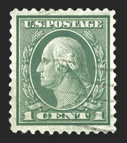 544, 1c Green coil waste, perf. 11, outstanding centering within incredibly large margins all around, brilliantly rich color and a crisp impression, uncommonly light cancel, an
extremely fine gem.Due to the production methods of sheet waste st