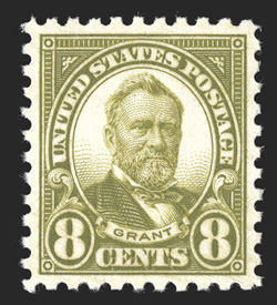 589, 8c Olive green, an especially desirable mint example, being incredibly well centered within much larger margins than typically found on the Perf. 10 rotary series,
gorgeous color and a deeply etched impression, immaculate o.g., n.h., an ext