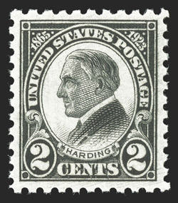 612, 2c Harding, beautifully centered and margined, strong color and impression, o.g., n.h., an extremely fine gem 2010 PSE certificate (Superb 98 SMQ
$670.00).