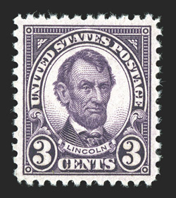 635, 3c Violet, absolutely perfect centering amid large margins, brilliantly fresh, o.g., n.h., superb 2009 PSE certificate (Gem 100 SMQ $200.00 for a 98) the highest grade the
PSE has awarded this stamp, being one of five so graded.