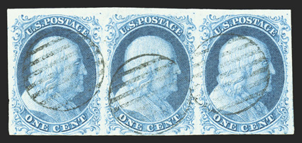 7, 1c Blue, Ty. II, positions 7-9L1E, lovely used horizontal strip of three, mostly large margin around, close to just touching at bottom, rich bright color, light grid cancels,
very fine ex-Rust, Grunin.