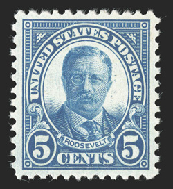 637, 5c Dark blue, flawlessly centered amid extraordinarily large margins for this rotary press stamp, attractive color, o.g., n.h., an extremely fine gem 2007 PSE certificate
(Superb 98 Jumbo SMQ $220.00 for 98).