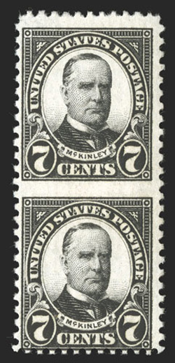 639a, 7c Black, vertical pair, imperforate between, usual centering, fresh color, o.g., n.h., light natural gum wrinkle between stamps, fine 2009 PSE
certificate.
