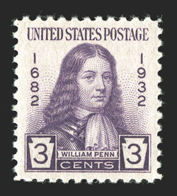 724, 3c William Penn, perfectly centered within large margins, marvelously fresh, o.g., n.h., extremely fine gem 2009 PSE certificate (Gem 100 SMQ $420.00) this is the only
copy the PSE has awarded the exalted Gem 100 status.