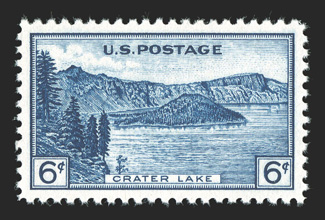 745, 6c Crater Lake, incredibly well centered and margined, deep color on pristine white paper, o.g., n.h., extremely fine gem 2009 PSE certificate (Gem 100 SMQ $450.00) the
highest grade awarded to date, being one of six so graded.
