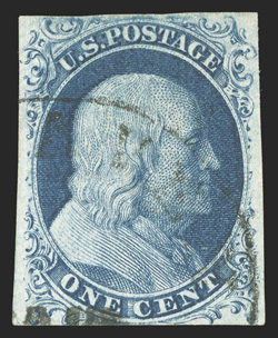 7 var., 1c Blue, Ty. II, Plate 3, position 94R3, used, ample to large margins around, deep color and impression, light c.d.s. town cancel, very fine 1982 PF certificate and a
2009 PF certificate (VF 80).