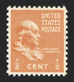803, ½c Deep orange, perfect centering and large margins, vibrant color, o.g., n.h., extremely fine gem 2009 PSE certificate (Gem 100 SMQ $360.00) the highest grade the PSE has
given this stamp.