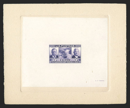 856-E1, 3c Panama Canal unadopted essay in deep violet, with large numerals and type, die sunk on 141x117mm card, engravers stock proof handstamp and serial number 594256 on
reverse, very fine a unique essay and the basis for the Scott listi
