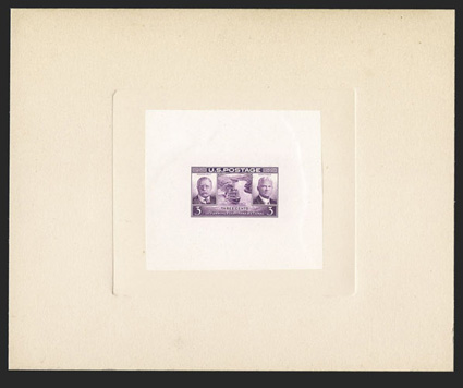 856P1, 3c Panama Canal, large die proof, 74x67mm proof die sunk on 187x152mm card, with engravers stock proof handstamp and serial number 601422 on reverse, the card has some
minor aging at the very top, otherwise quite fresh and very fine a
