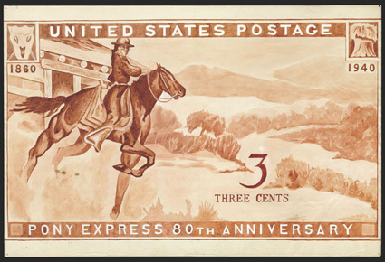 894E, 3c Pony Express artists wash drawing in brown ink, a large size drawing measuring 24x16, although undated and unsigned, this is surely the work of the issue stamps
designer, William A. Roach, the drawing is almost identical to the issue