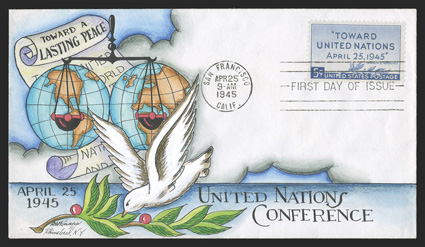 928, 5c United Nations Conference, tied by San Francisco, Calif.Apr 25, 1945 first day of issue postmark to Dorothy Knapp multicolored handpainted cover, unaddressed and fresh,
extremely fine and attractive.