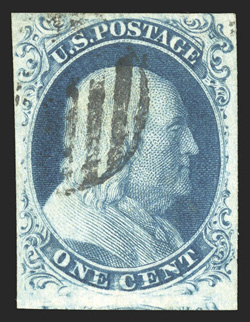 8, 1c Blue, Ty. III, used, margins all around, mostly full to huge at bottom, a little close at top, sumptuously rich color and a highly detailed impression on pristine white
paper, small portion of a grid cancel, very fine overall a most desir