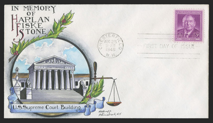 965, 3c Harlan F. Stone, tied by Chesterfield, N.H.Aug 25, 1948 first day of issue postmark to Dorothy Knapp multicolored handpainted cover, fresh and unaddressed, extremely
fine and attractive.