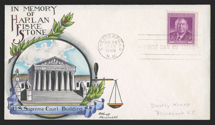 965, 3c Harlan F. Stone, tied by Chesterfield, N.H.Aug 25, 1948 first day of issue postmark to Dorothy Knapp multicolored handpainted cover, light pencil address to Knapp,
extremely fine and attractive.