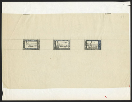 1139-E, 4c Washington Credo, ink drawing essays on tracing paper, six items comprised of three roughly sketched black pencil and white ink drawings for proposed 3c and 8c
designs on one sheet, three drawings in black pencil and white ink on anot