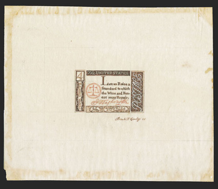 1139-E1, 4c George Washington Credo, ink drawing essay on tracing paper in brown, orange and white,110x92mm, stamp size with similar design to issued stamp, but different
Washington quotation, Four Cents in the left panel and Postage in the