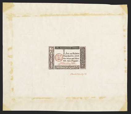 1139-E2, 4c George Washington Credo, ink drawing essay on tracing paper in brown, orange and white,122x106mm, stamp size with similar design to issued stamp, but different
Washington quotation and different inscriptions in the top, bottom and si