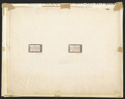 1139-E3, 4c George Washington Credo, two ink drawing essays on tracing paper in brown, orange and white, 300x230m, both stamp size with similar design to issued stamp, but
different Washington quotation, top, bottom and side panels similar to th