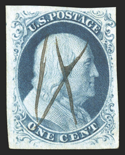 8, 1c Blue, Ty. III, used, with a huge break at top and a clear break at bottom, large margins all around, strong bright color and a sharp impression on clean white paper, neat
ms. cancel, extremely fine 1981 PF certificate.