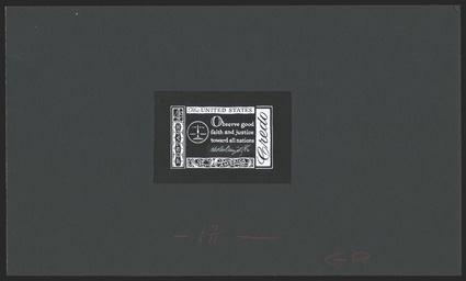 1139-E, 4c Washington Credo artists material, 33 items related to production of the 4c Washington Credo issue, being mostly veloxes and negatives of the entire design or
portions thereof, some stamp size and others enlarged to various sizes, se