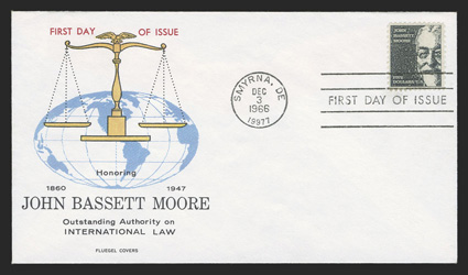1295, $5.00 John Bassett Moore, tied by Smyrna, DeDec 3, 1966 first day of issue postmark to Fluegel cacheted cover, unaddressed, extremely fine one of the most sought-after of
all the Fluegel cachets.