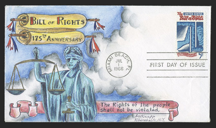 1312, 5c Bill of Rights, tied by Miami Beach, FlJul 1, 1966 first day of issue postmark to Dorothy Knapp multicolored handpainted cover, fresh and unaddressed, extremely fine
and attractive from Knapps private collection and said to be one