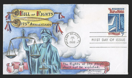 1312, 5c Bill of Rights, tied by Miami Beach, FlJul 1, 1966 first day of issue postmark to Dorothy Knapp multicolored handpainted cover, fresh and unaddressed, extremely fine
and attractive from Knapps private collection and said to be one