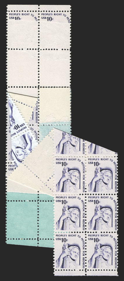 1592, 10c Contemplation of Justice, vertical block of twenty (?) showing one of the most dramatic freak foldovers we have ever encountered, apparently having been caused by a
paper splice, showing the top two stamps partially printed, the second